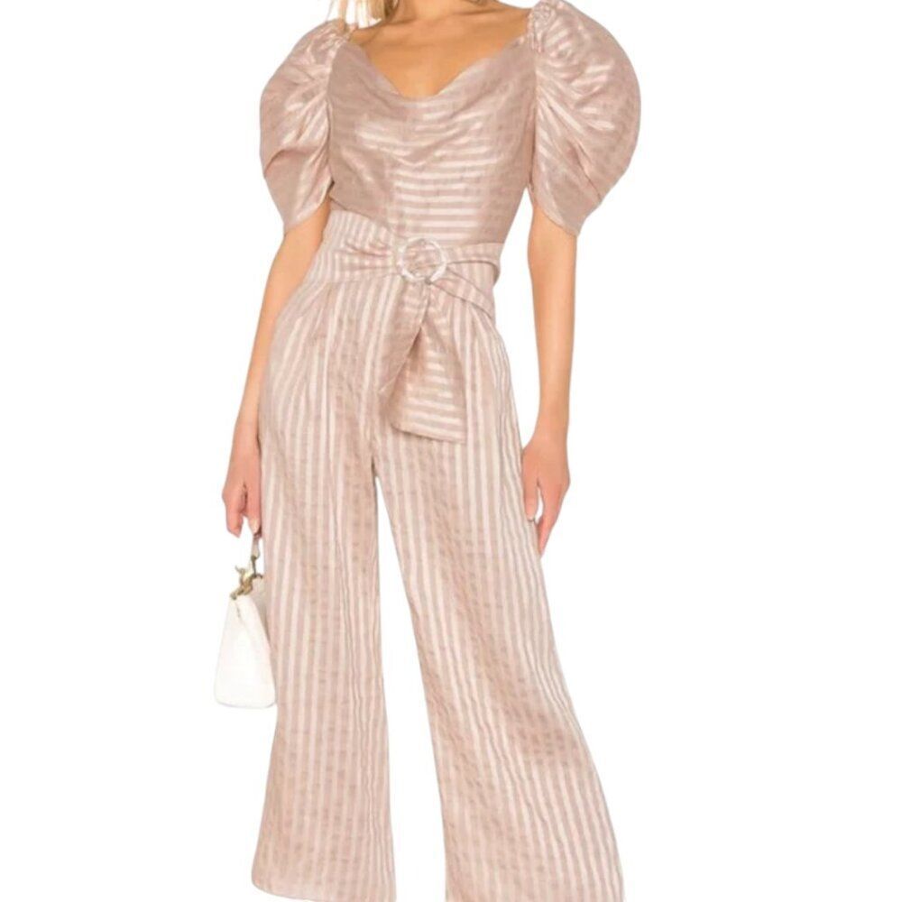 C/meo Collective Through You Belted Puff Sleeve Wide Leg Stripe Jumpsuit 4 NWT